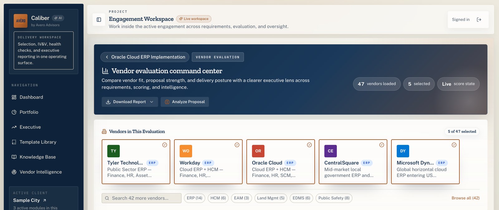 Caliber vendor evaluation command center: 47 vendors loaded with five shortlisted, each shown as a card with platform type, plus category filters across ERP, HCM, EAM, land management, EDMS, and public safety